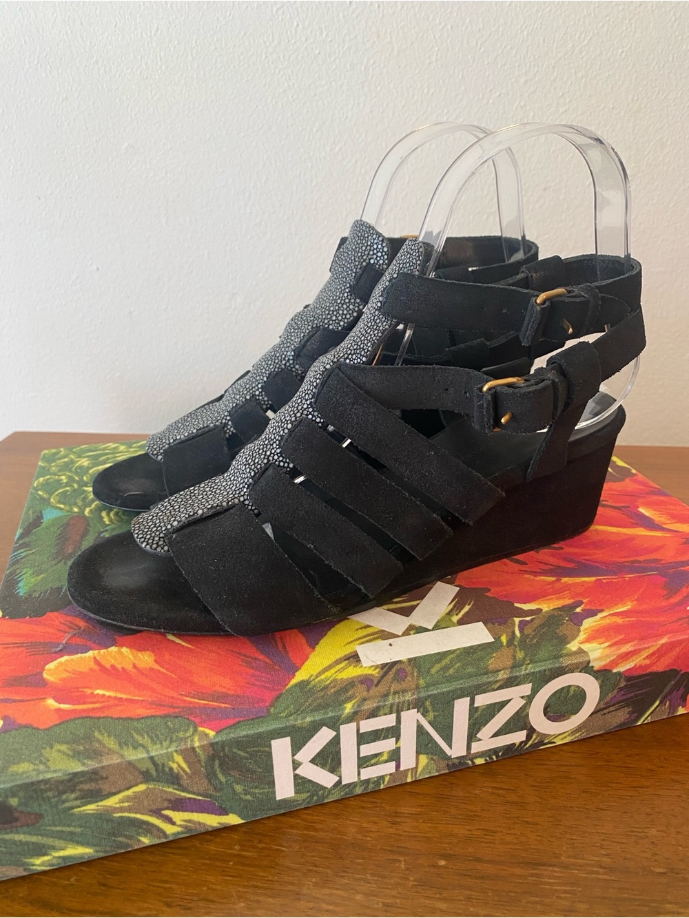 BALENCIAGA Rare Black Suede Leather Stingray Multi-Strap Wedge Heel Sandals